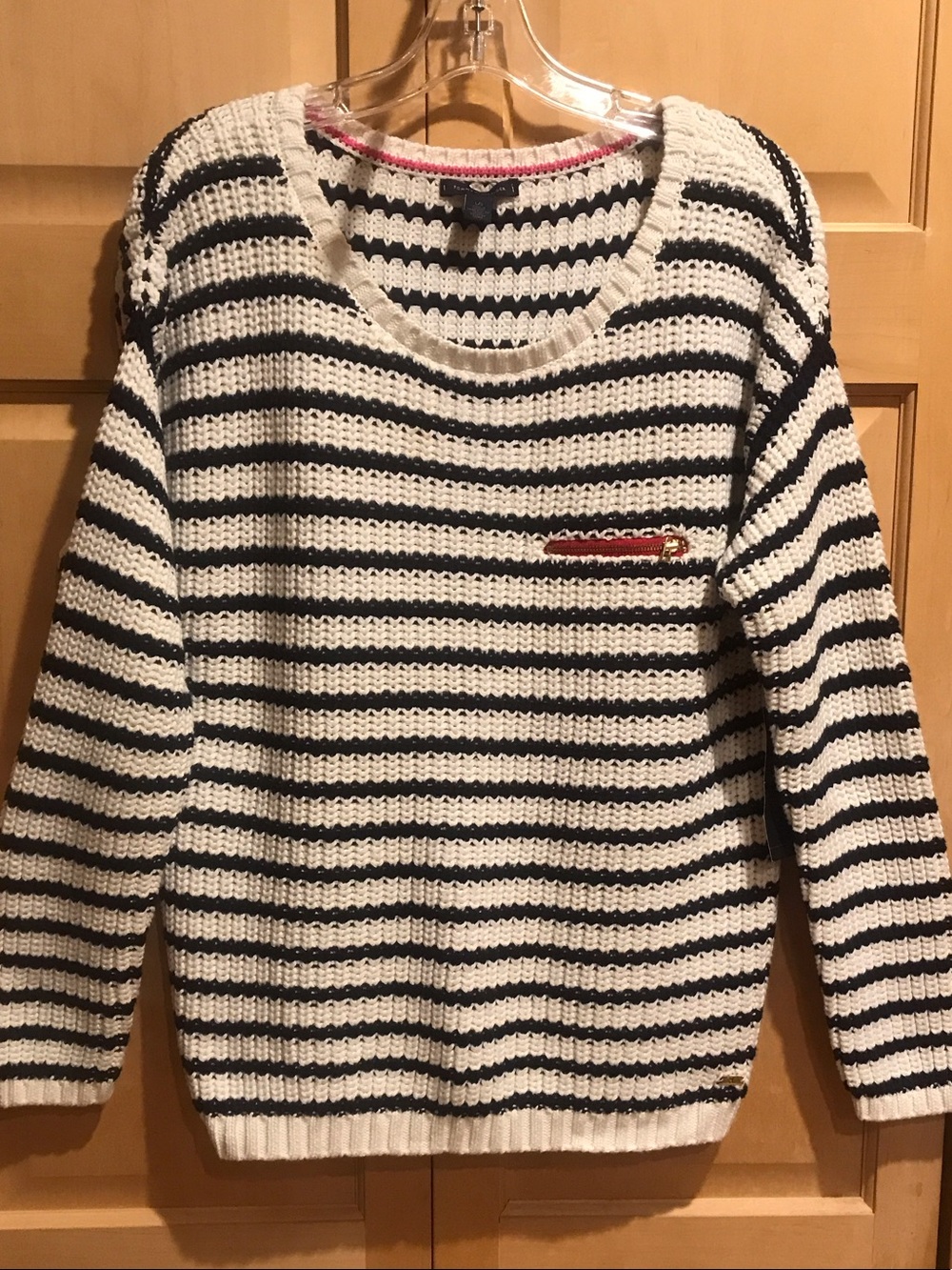 New Tommy Hilfiger Navy & White Striped Crewneck Sweater